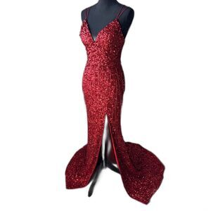 Size 0 Sherri Hill red sequin beaded fringe dress slit train corset (10334)